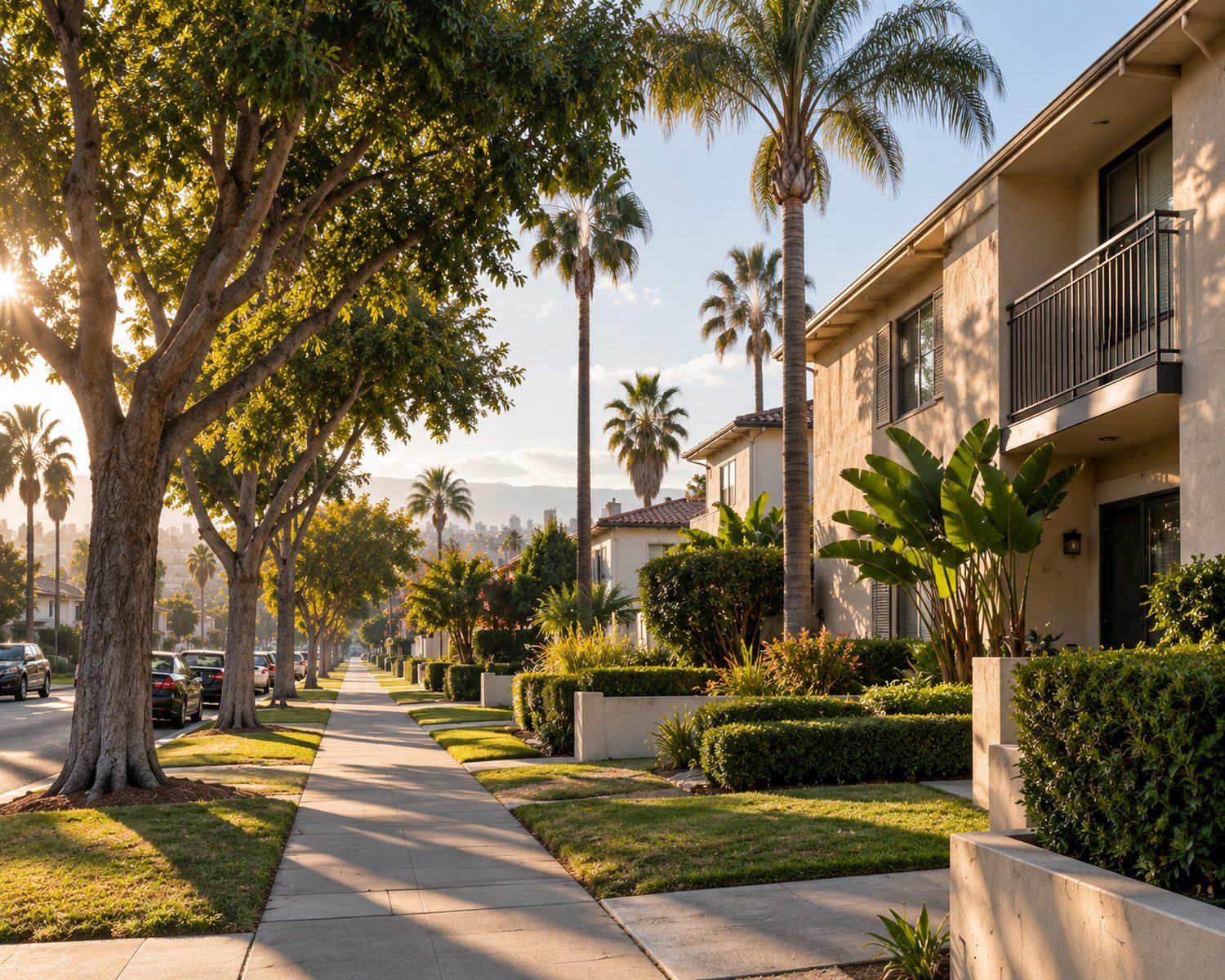 A Los Angeles residential street with low-rise apartment buildings, street trees, and palms in afternoon light